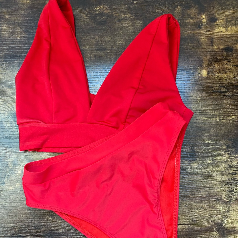 Red High Cut High Rise Plunge Bikini